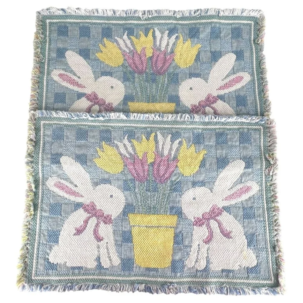 Set Of 2 Easter Woven Placemat Bunny Rabbit & Tulip Design Pink Yellow Blue